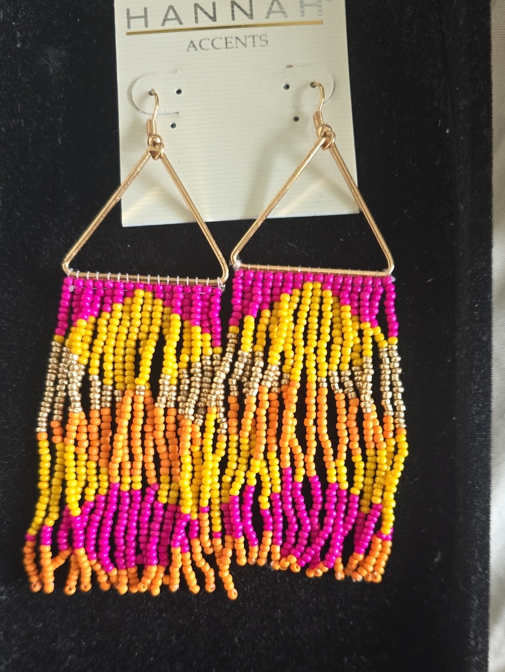 Pink Yellow Orange Beaded Fringe Triangle Earrings